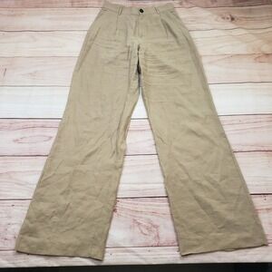 Zara Dress Pants Womens Medium Wide Leg Pleated Khaki Beige High Waist Career